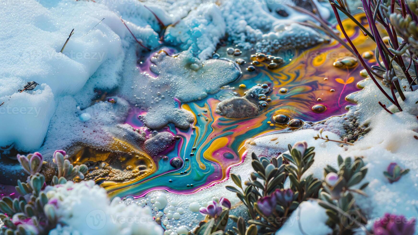 A colorful liquid is flowing through the snow photo