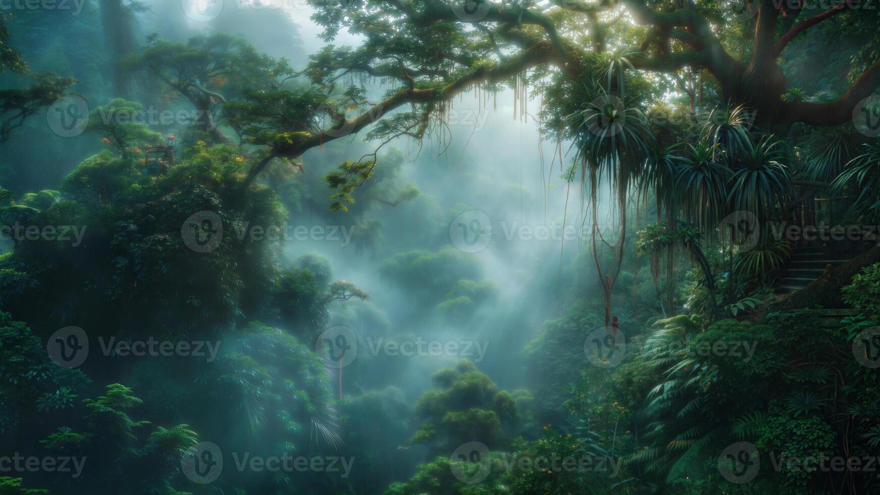 A jungle scene with a waterfall and trees photo