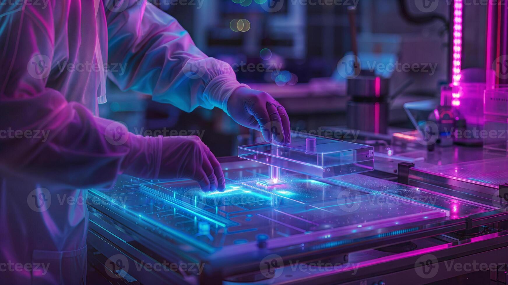 A person in a lab coat is working on a computer photo