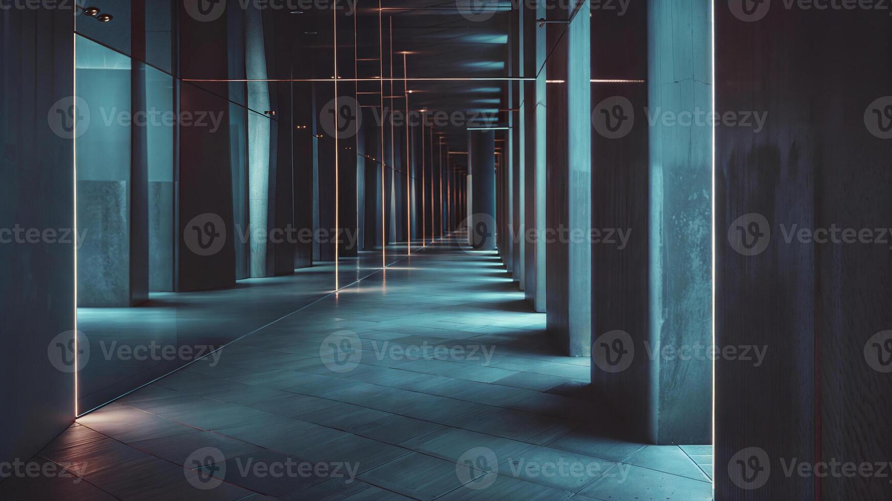 A long hallway with pillars and light coming from the ceiling photo