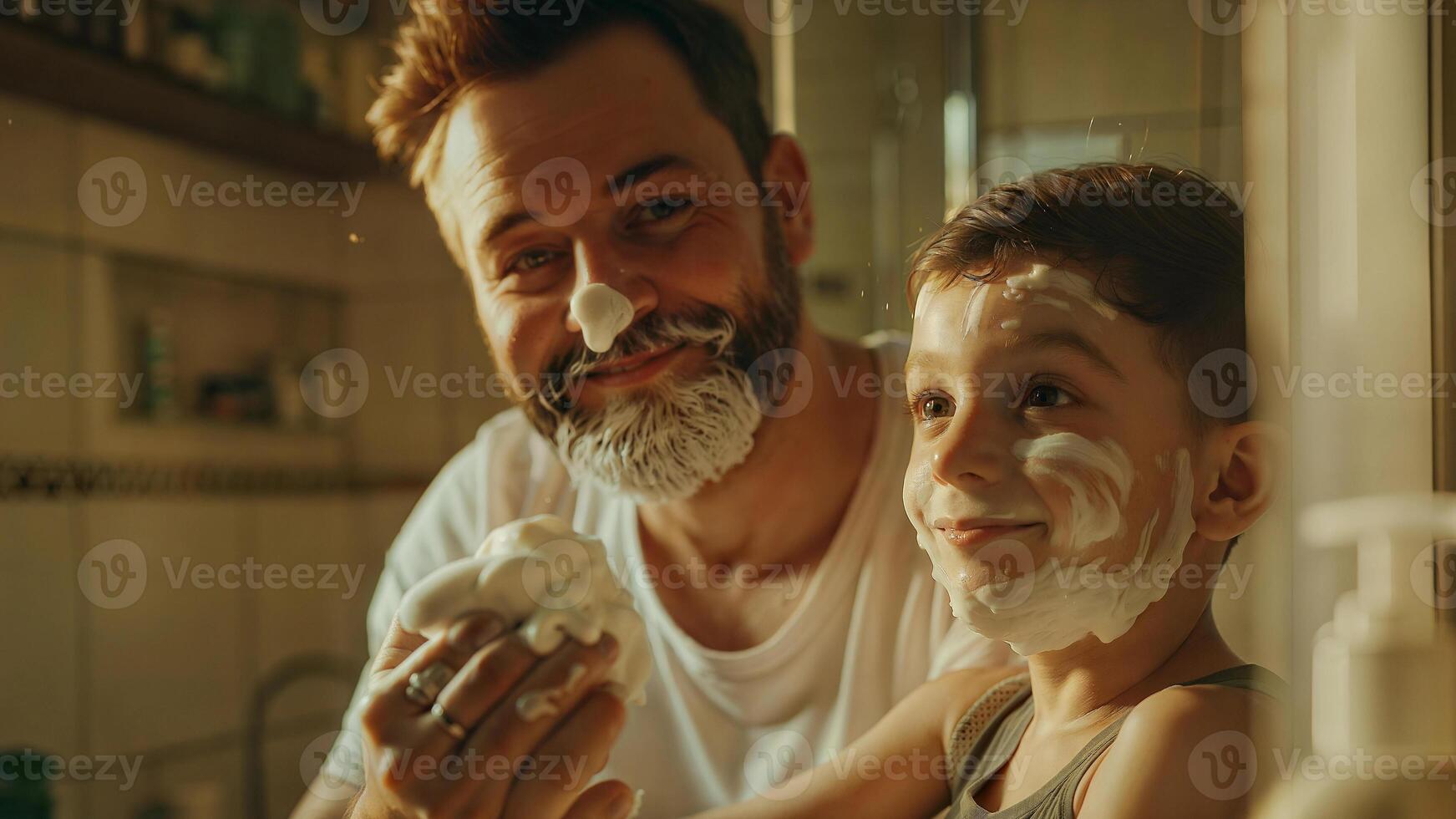 A man and a child are shaving each other photo