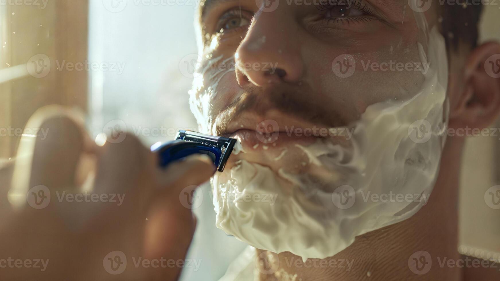 A man shaving his face with a razor photo