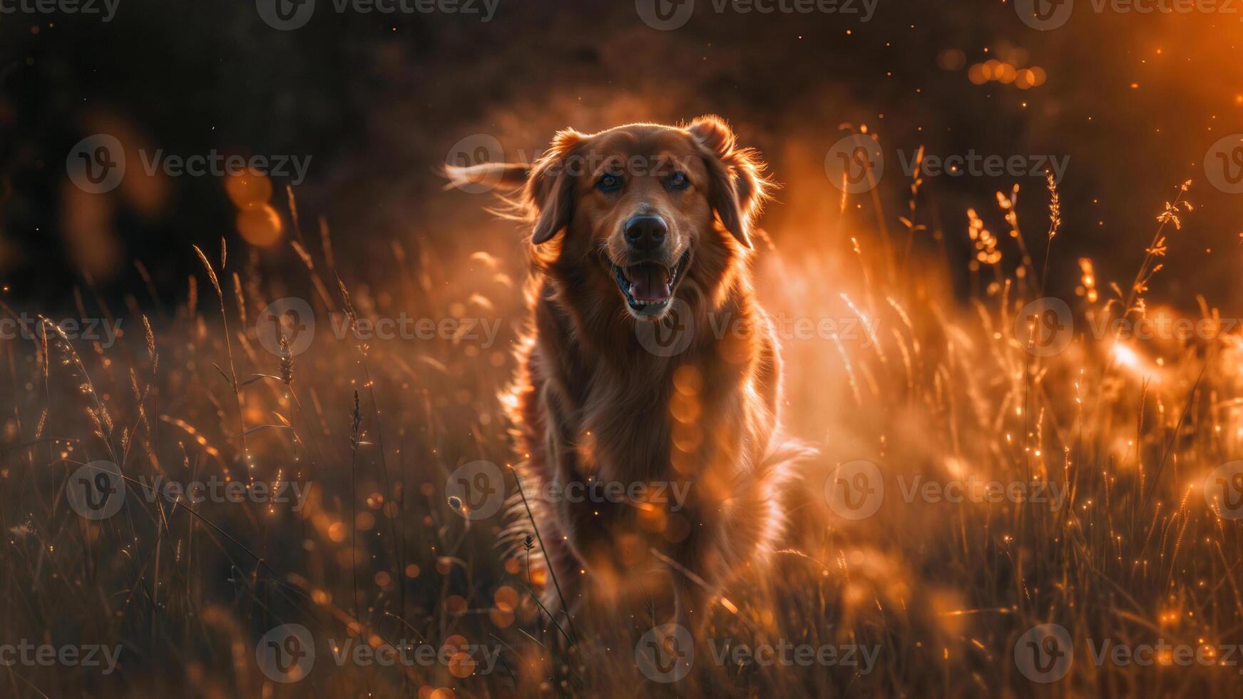 A golden retriever running through a field at sunset photo