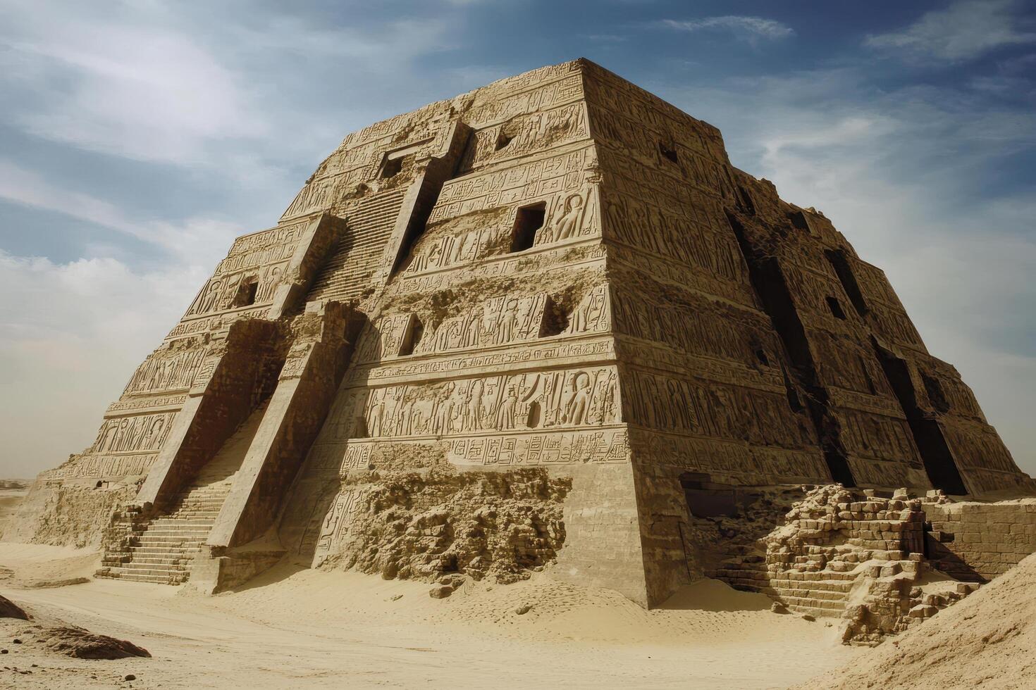 Ancient Stone Pyramid with Carvings and Steps in Desert Landscape photo