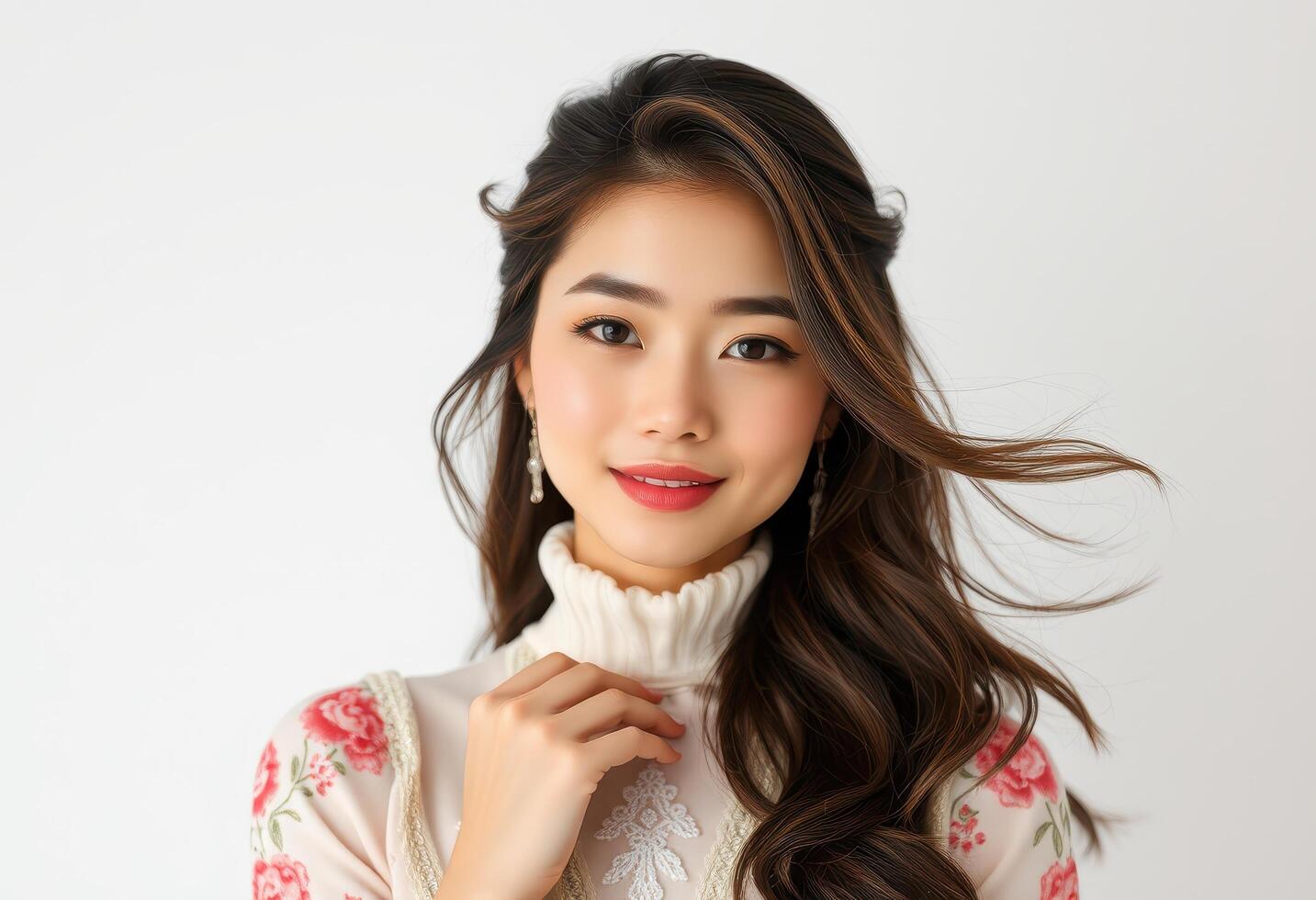 A Young Woman with Long Brown Hair Wearing a White Floral Dress photo