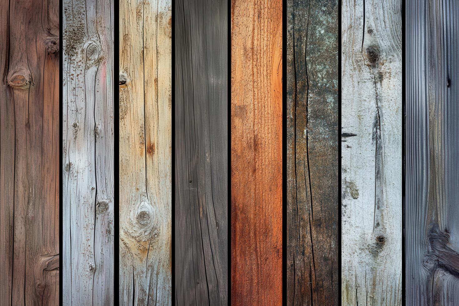 Close-up of a Weathered Wooden Fence with Various Textures and Colors photo