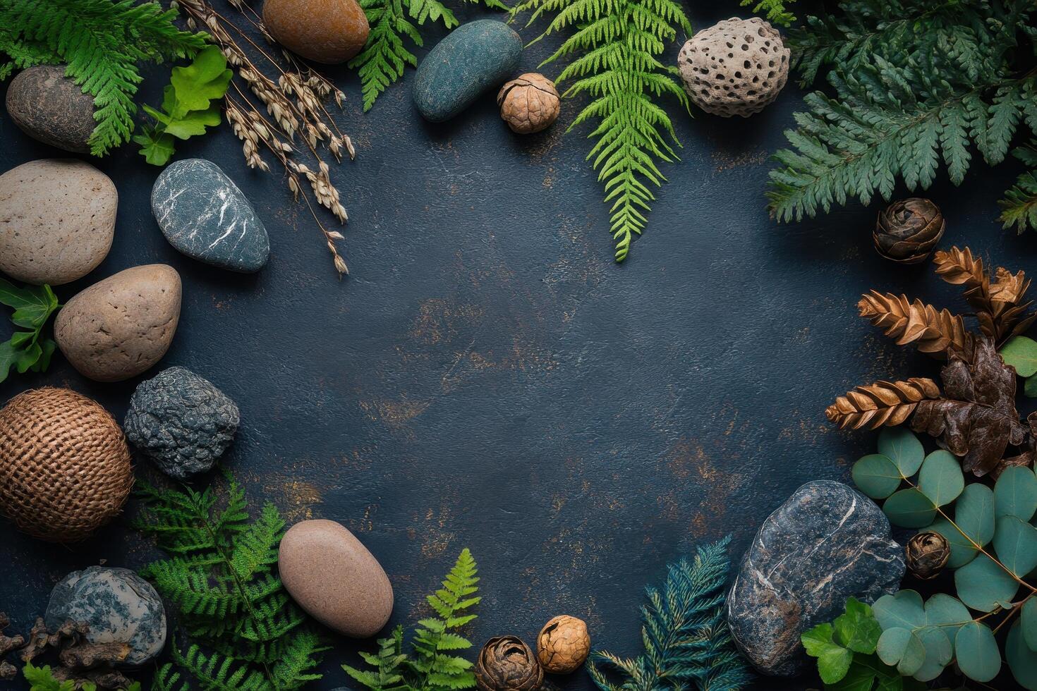 Natural Elements Frame with Stones, Ferns, and Eucalyptus Leaves photo