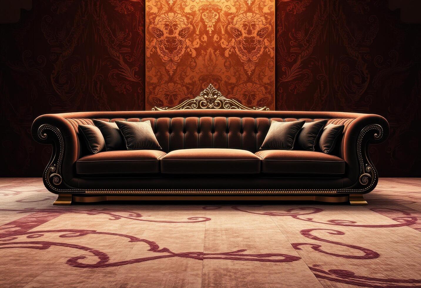 Ornate Brown Leather Sofa with Gold Accents in a Luxurious Room photo