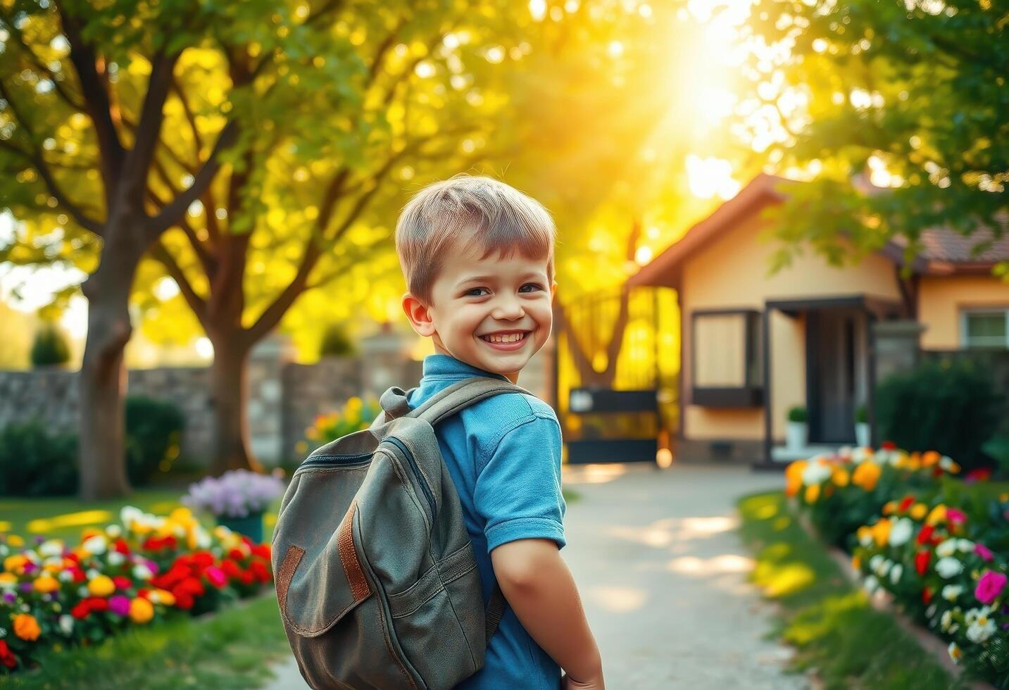 Smiling Boy with Backpack Walking in a Sunny Garden photo