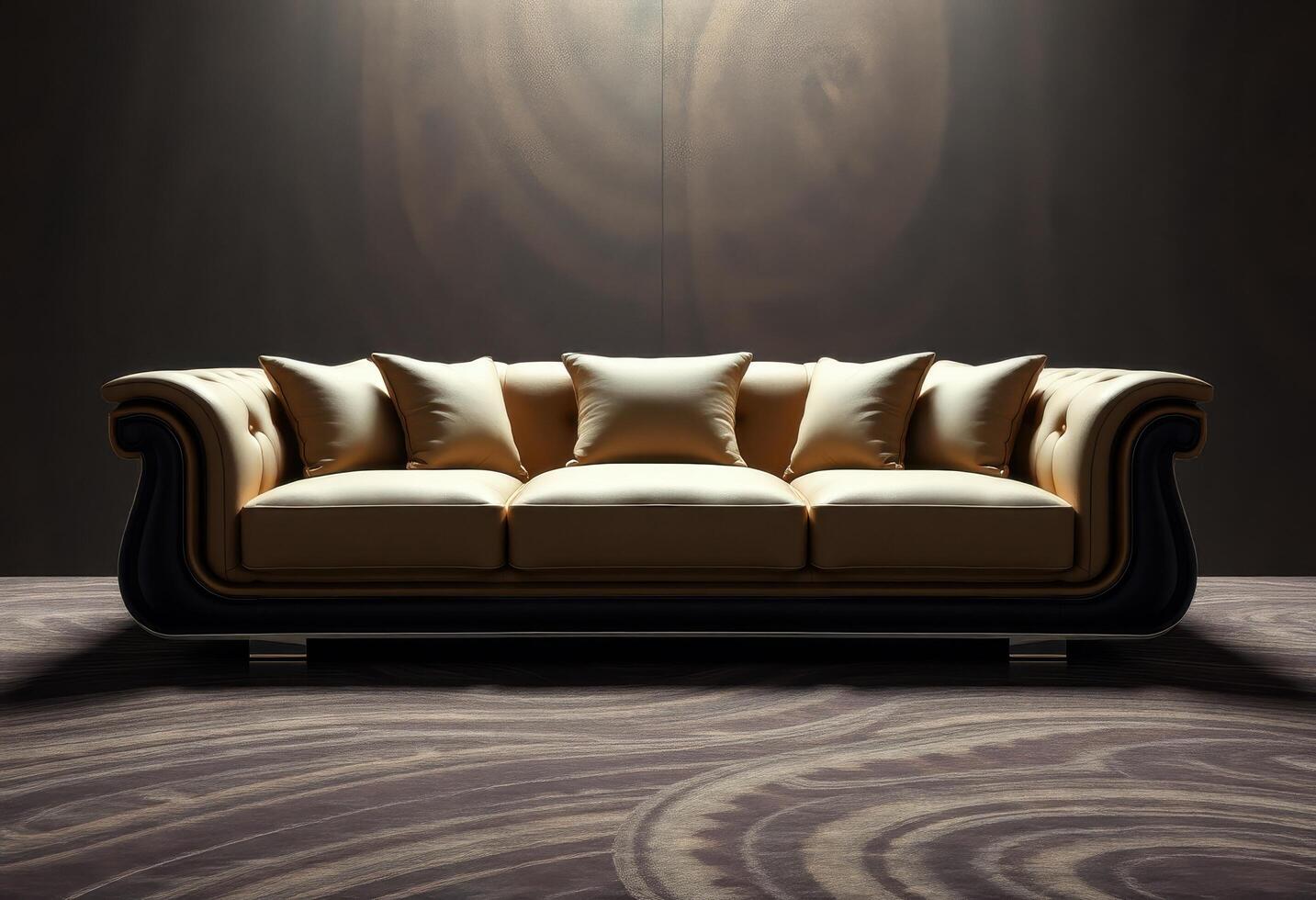 A Beige Leather Sofa with Black Trim and Pillows photo