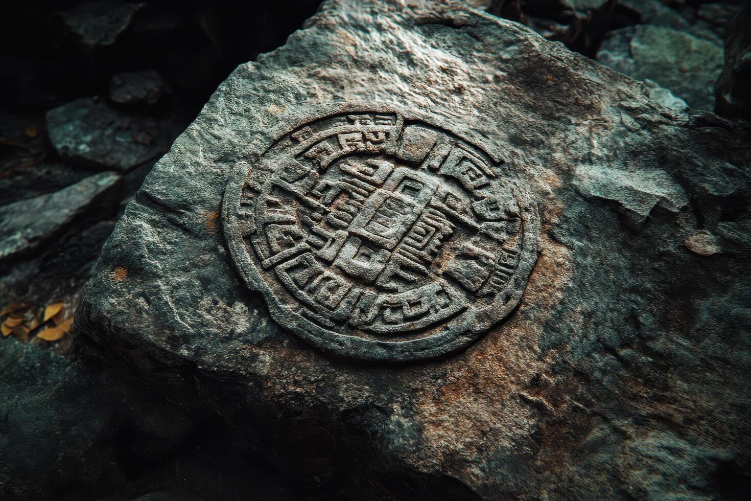 Carved Symbol on Rough Stone Surface photo