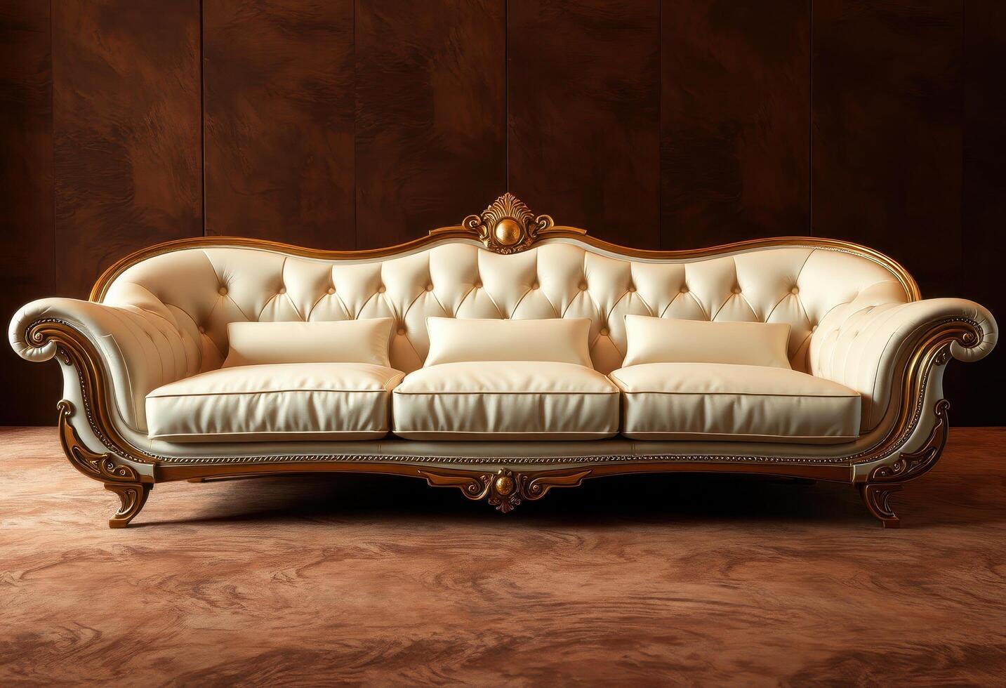 Ornate White Leather Sofa with Gold Trim photo