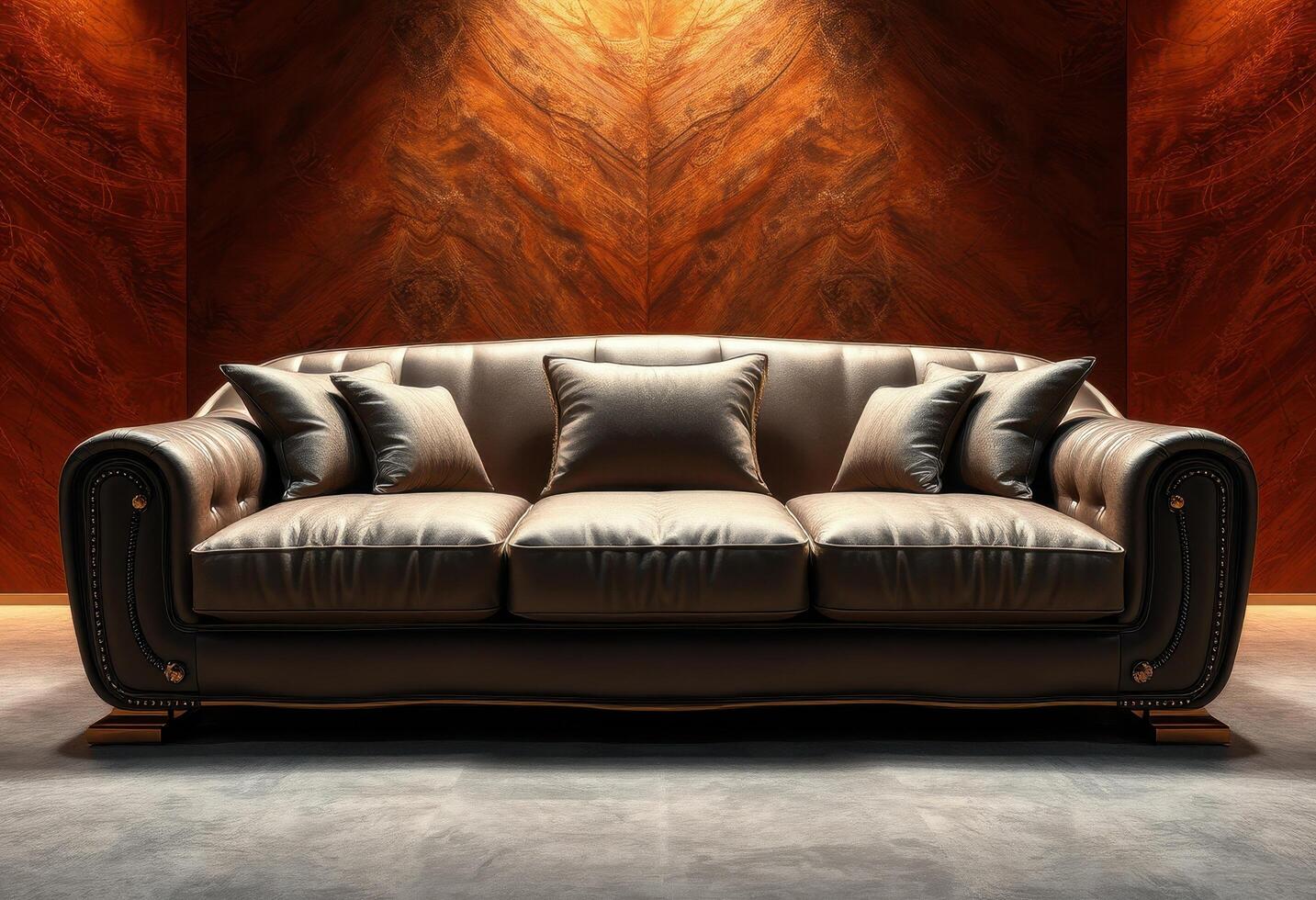 Black Leather Sofa with Gold Accents in Front of a Wood Wall photo
