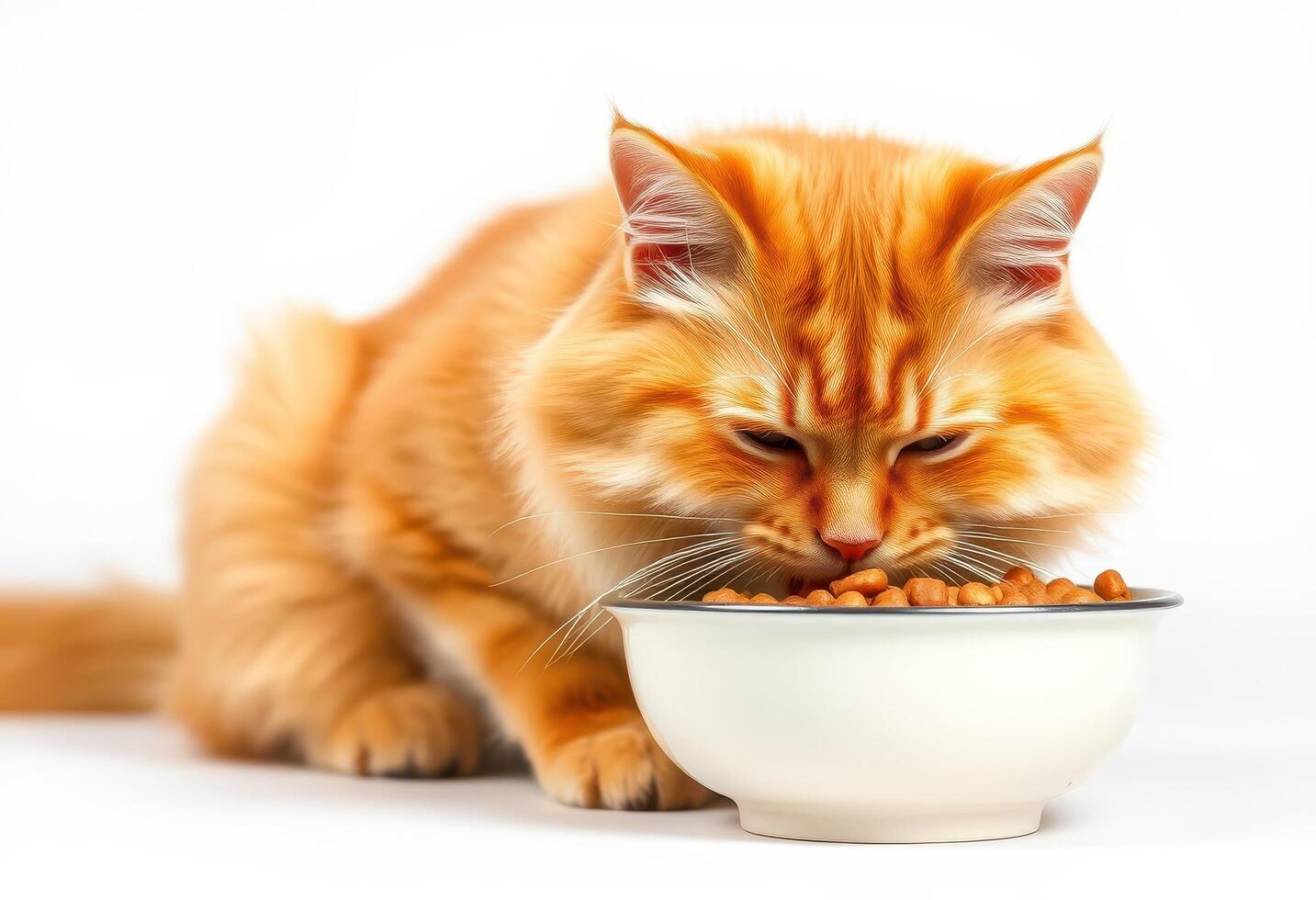 Orange tabby cat eating dry food from a white bowl photo