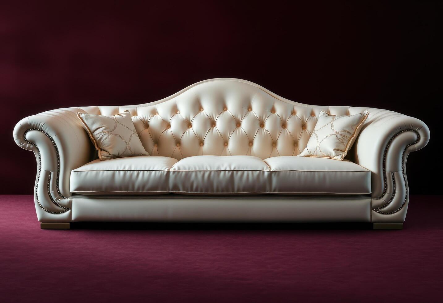 White Leather Sofa with Button Tufting and Pillows photo