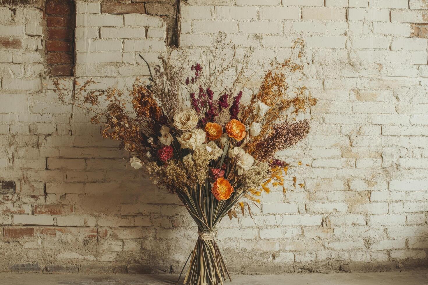 Dried Flower Bouquet Against a White Brick Wall photo
