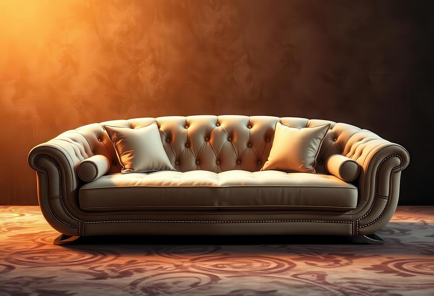 Luxurious Beige Leather Sofa with Button Tufting and Pillows photo