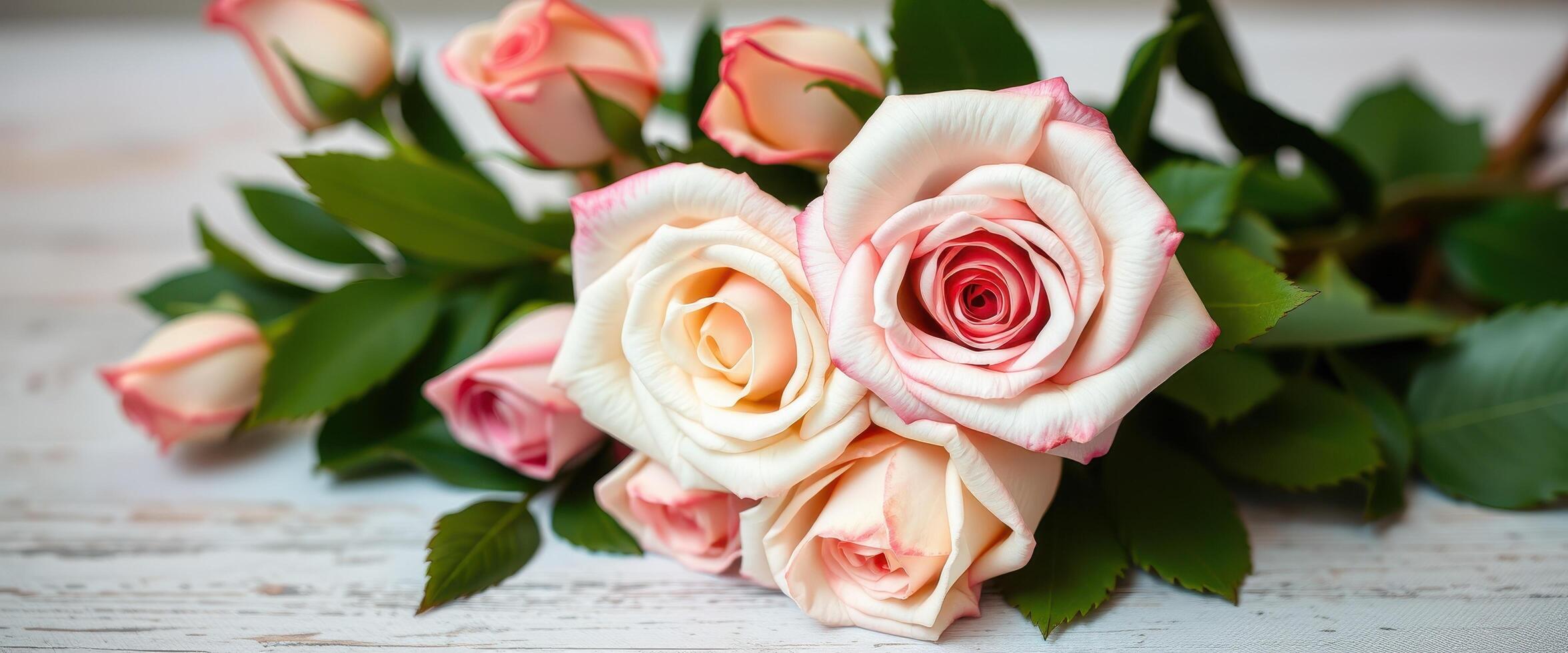 A Delicate Bouquet of Pink and White Roses on Whitewashed Wood photo