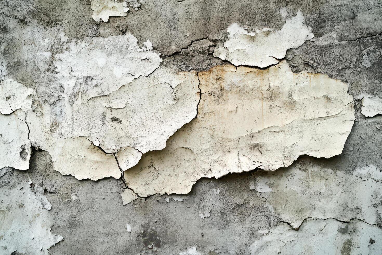 Cracked and Peeling White Paint on a Gray Concrete Wall photo
