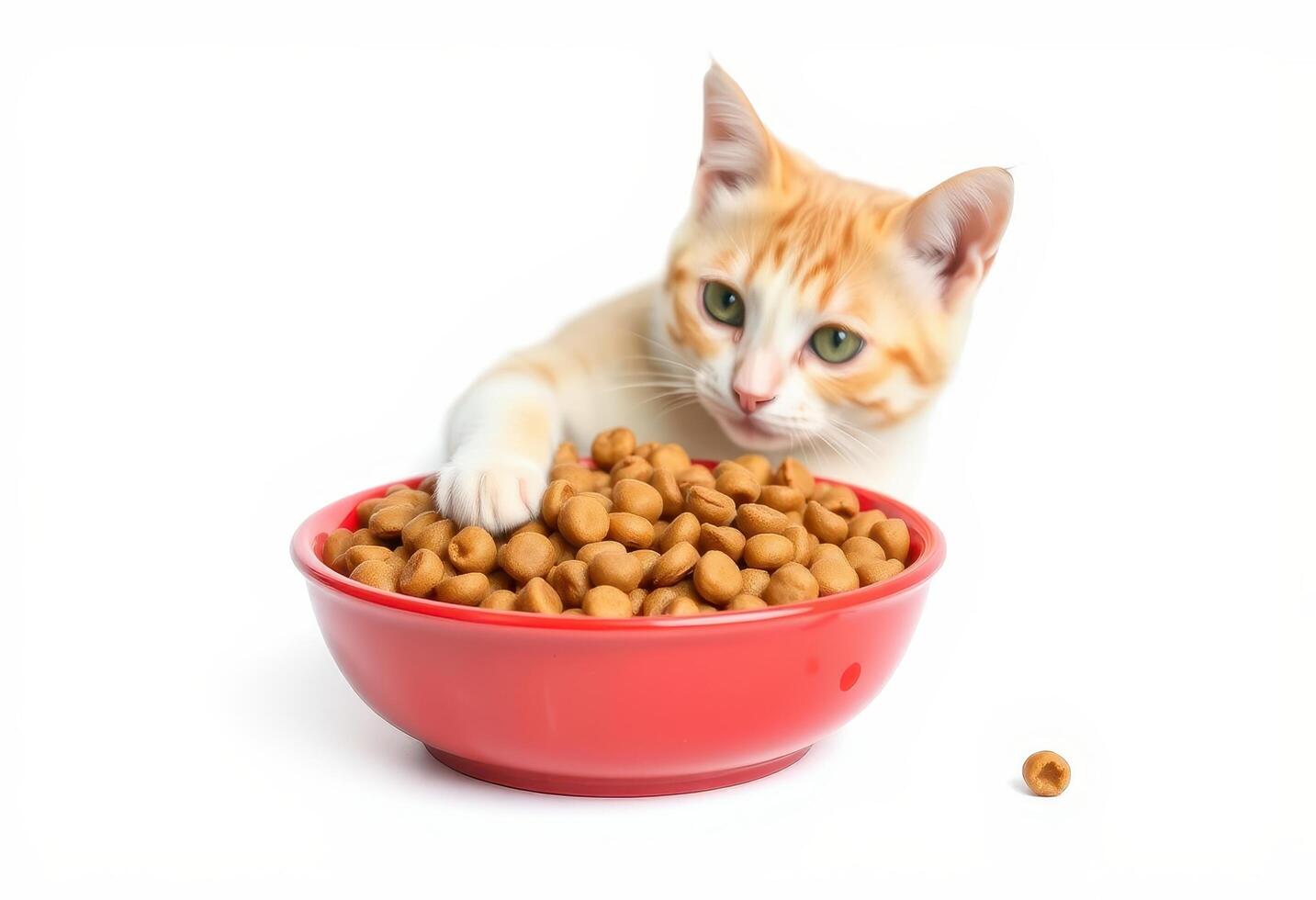 Orange Tabby Cat Reaching for Food in Red Bowl photo