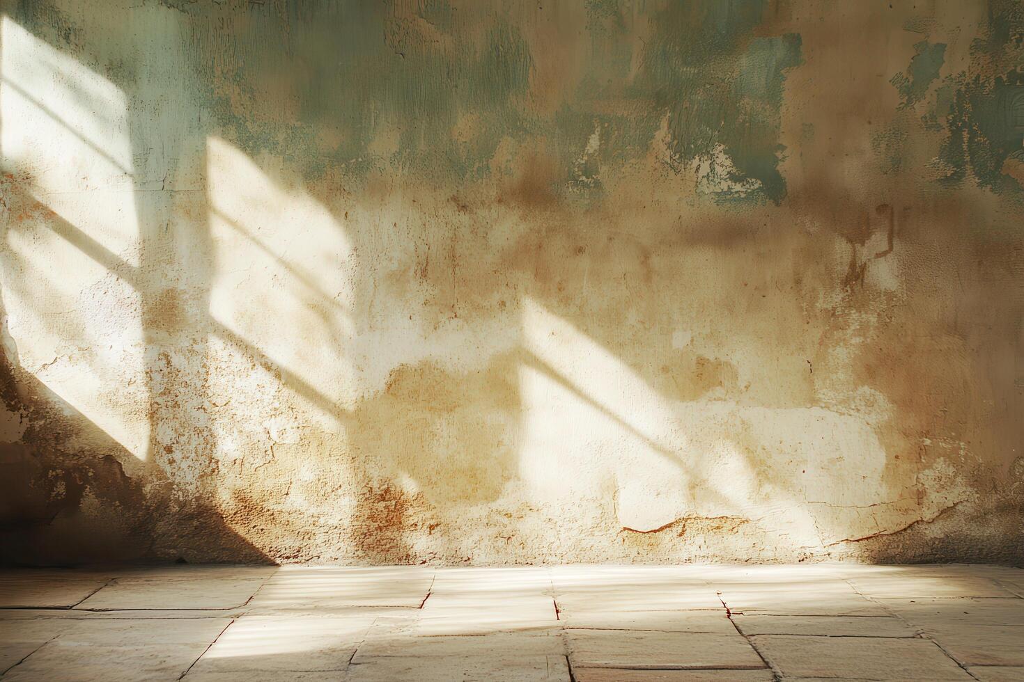 Sunlit Room with Distressed Walls and Tiled Floor photo