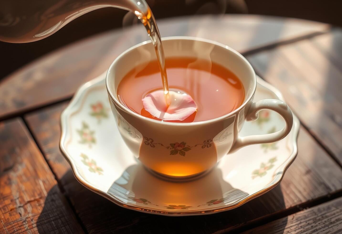Pouring Tea into a Cup with a Rose Petal photo