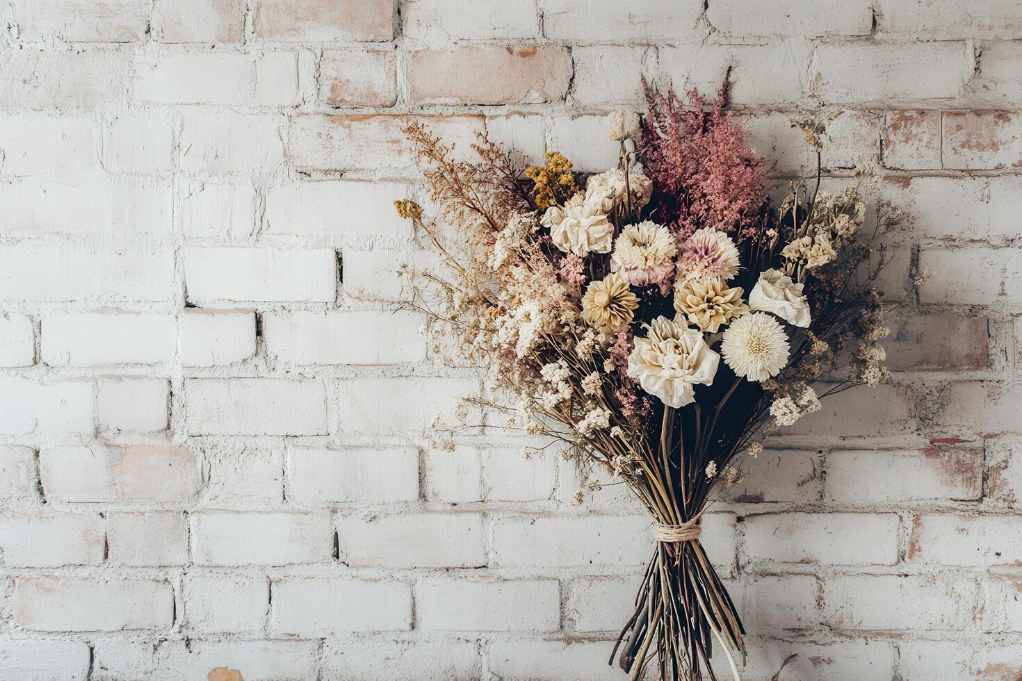 Dried Flower Bouquet Against a White Brick Wall photo