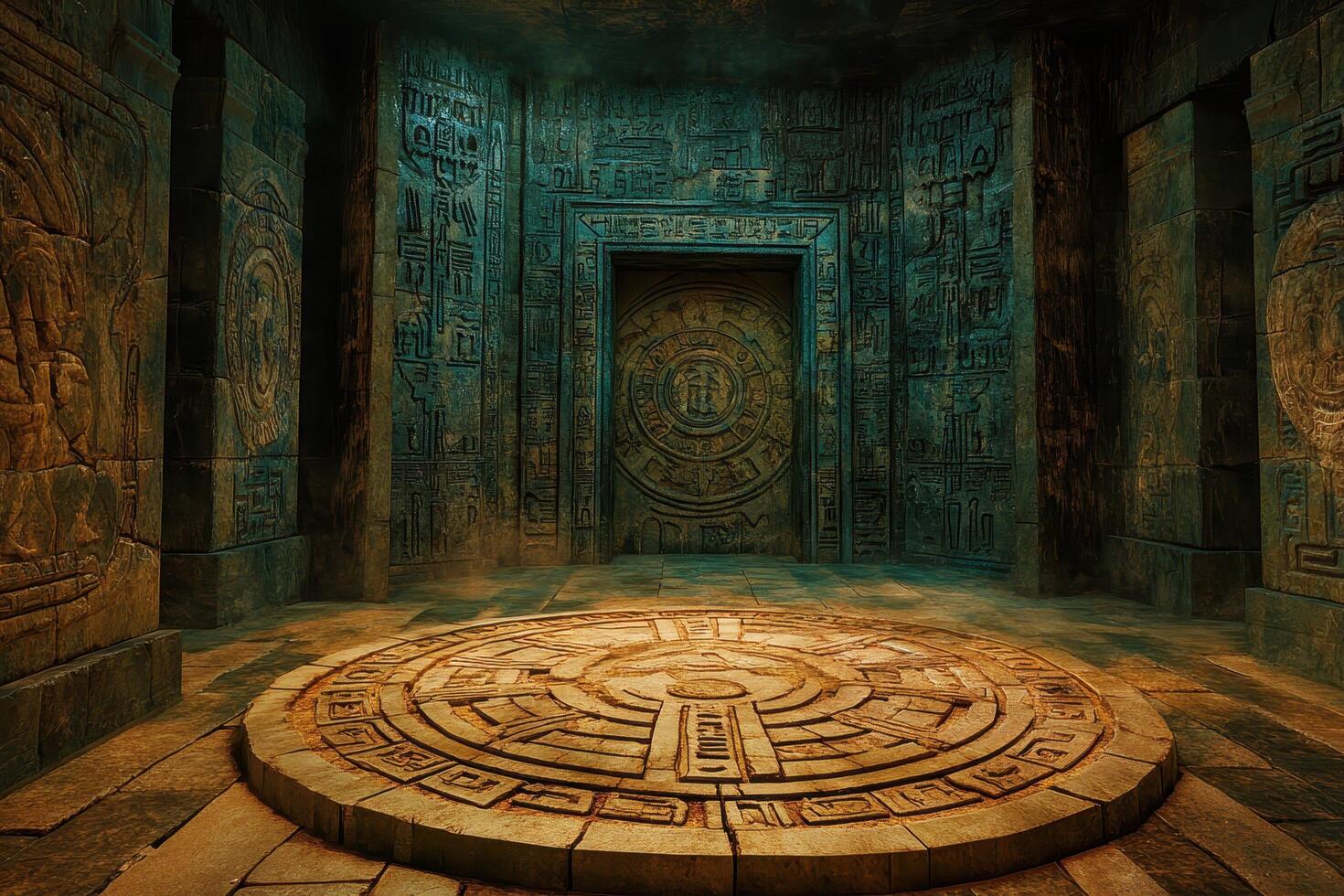 An Ancient Stone Chamber with a Circular Symbol in the Center photo
