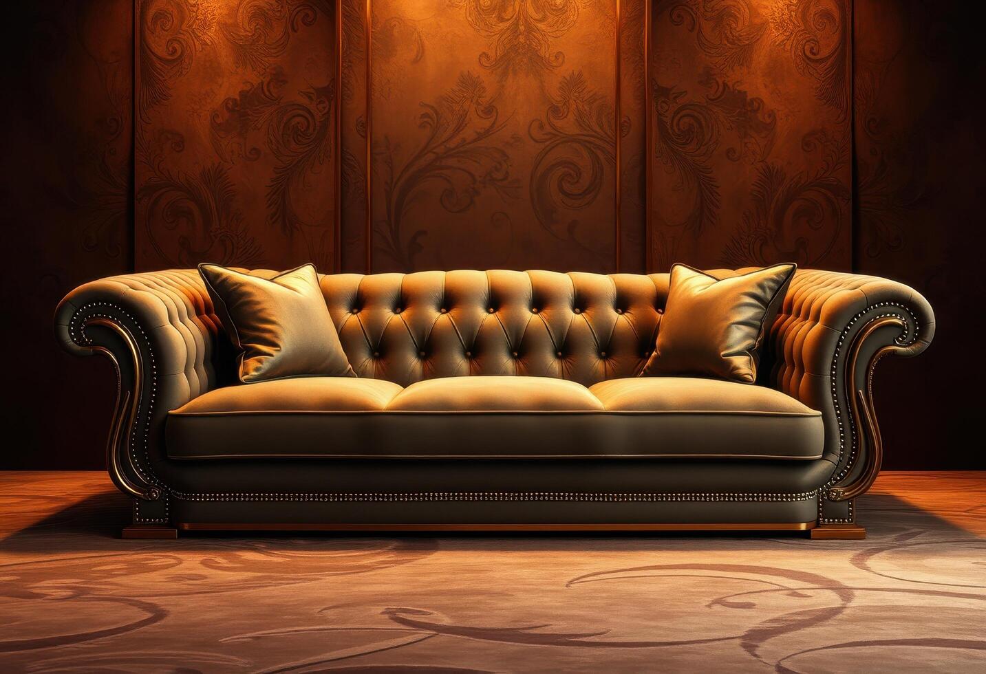 Ornate Green Velvet Sofa with Golden Accents and Pillows in a Luxurious Setting photo