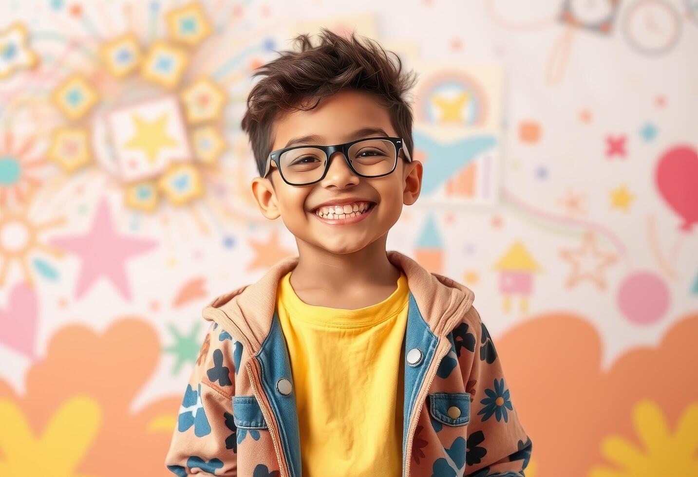 Portrait of a Smiling Young Boy Wearing Glasses and a Floral Jacket photo
