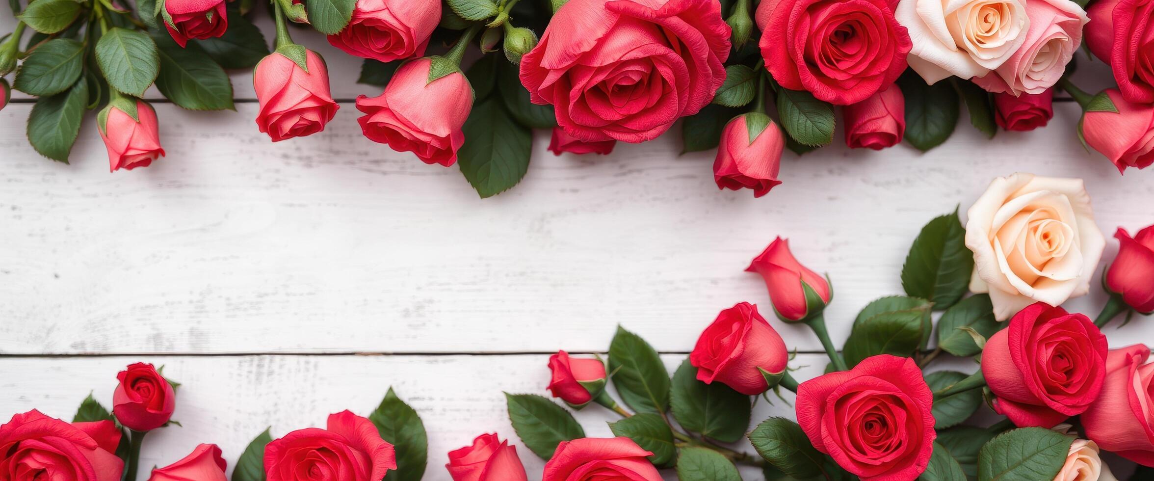 Red and Peach Roses Bordering White Wood photo