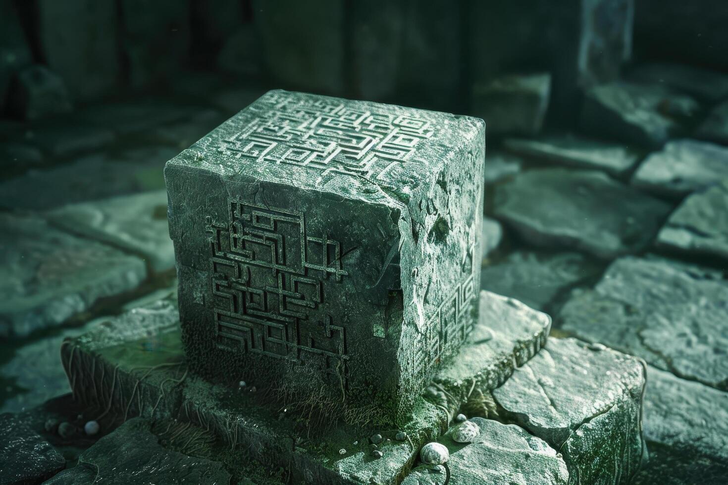 An Ancient Stone Cube with Carved Maze Pattern photo