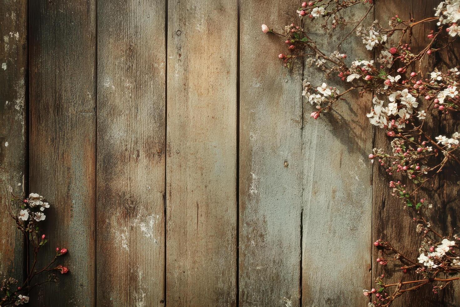 Pink and White Blossoms on Weathered Wood photo