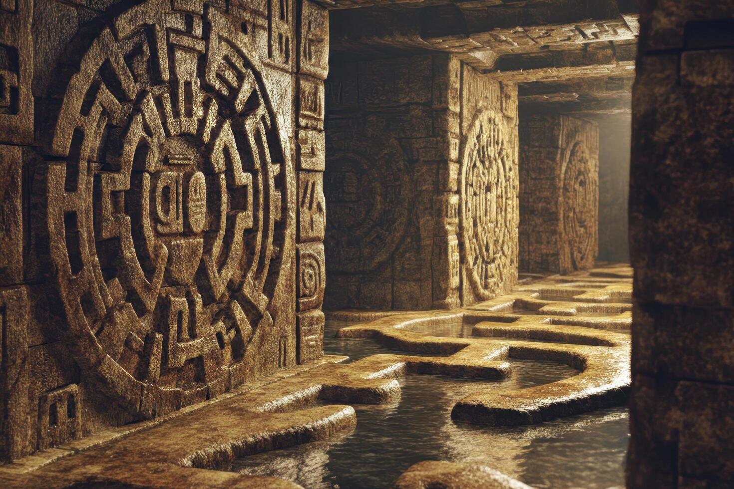 Ancient Stone Corridor with Water and Intricate Carvings photo
