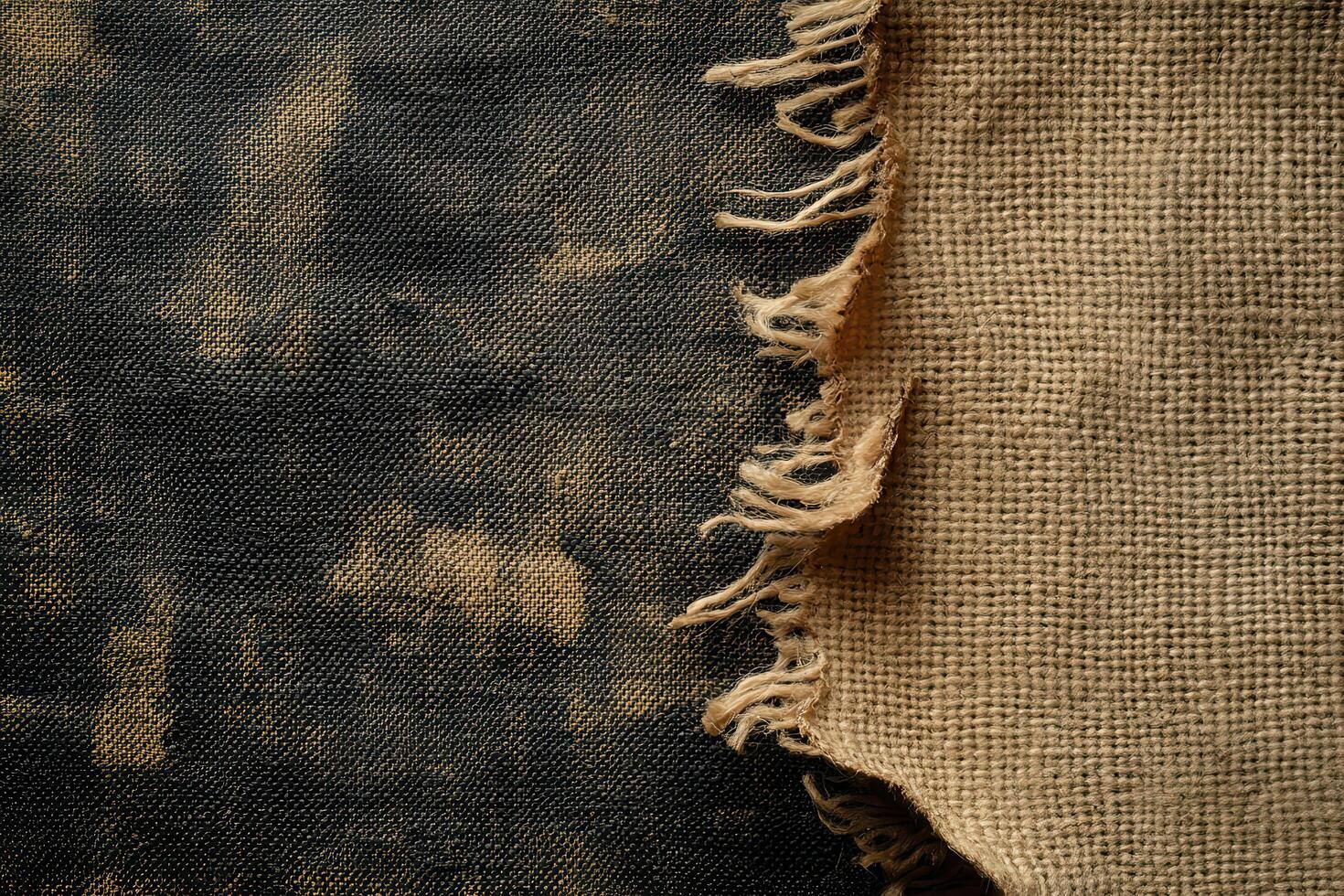 Close-up of a Frayed Burlap Fabric Edge Against a Dark Textured Background photo