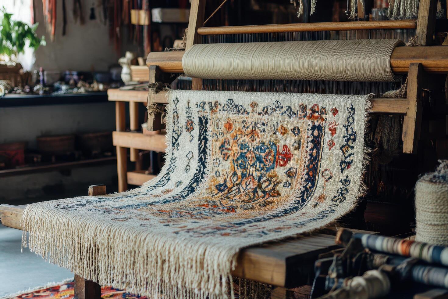 Close-up of a Traditional Loom Weaving a Detailed Rug photo
