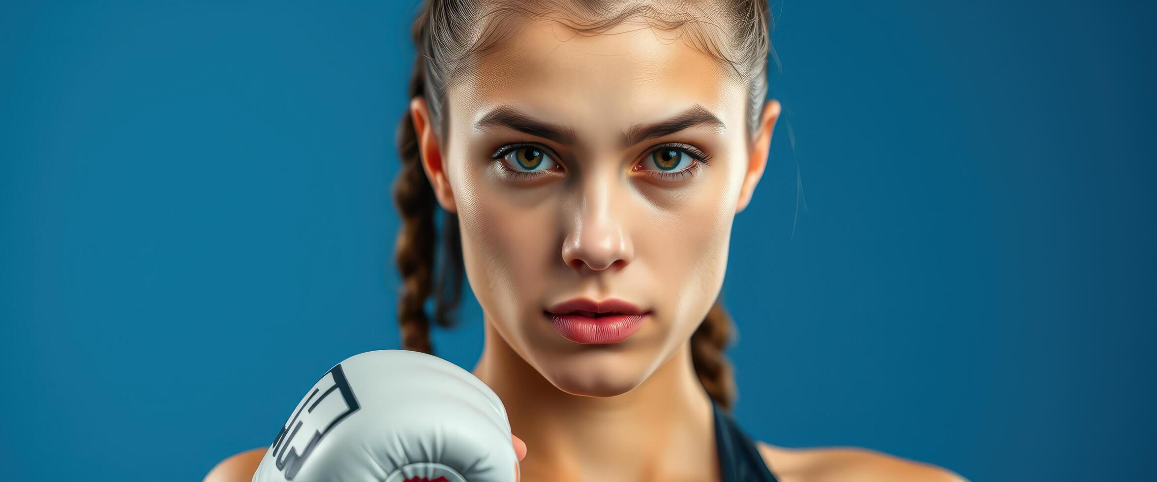 Close-up Portrait of a Determined Female Boxer Holding a White Boxing Glove photo