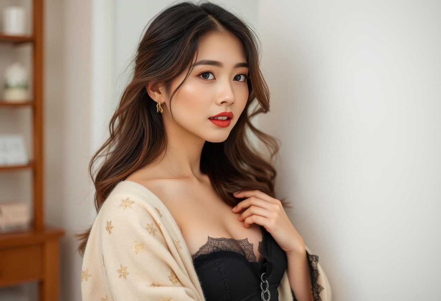 Portrait of a Young Woman with Long Brown Hair, Wearing a Cream Cardigan and Black Lace Bra photo