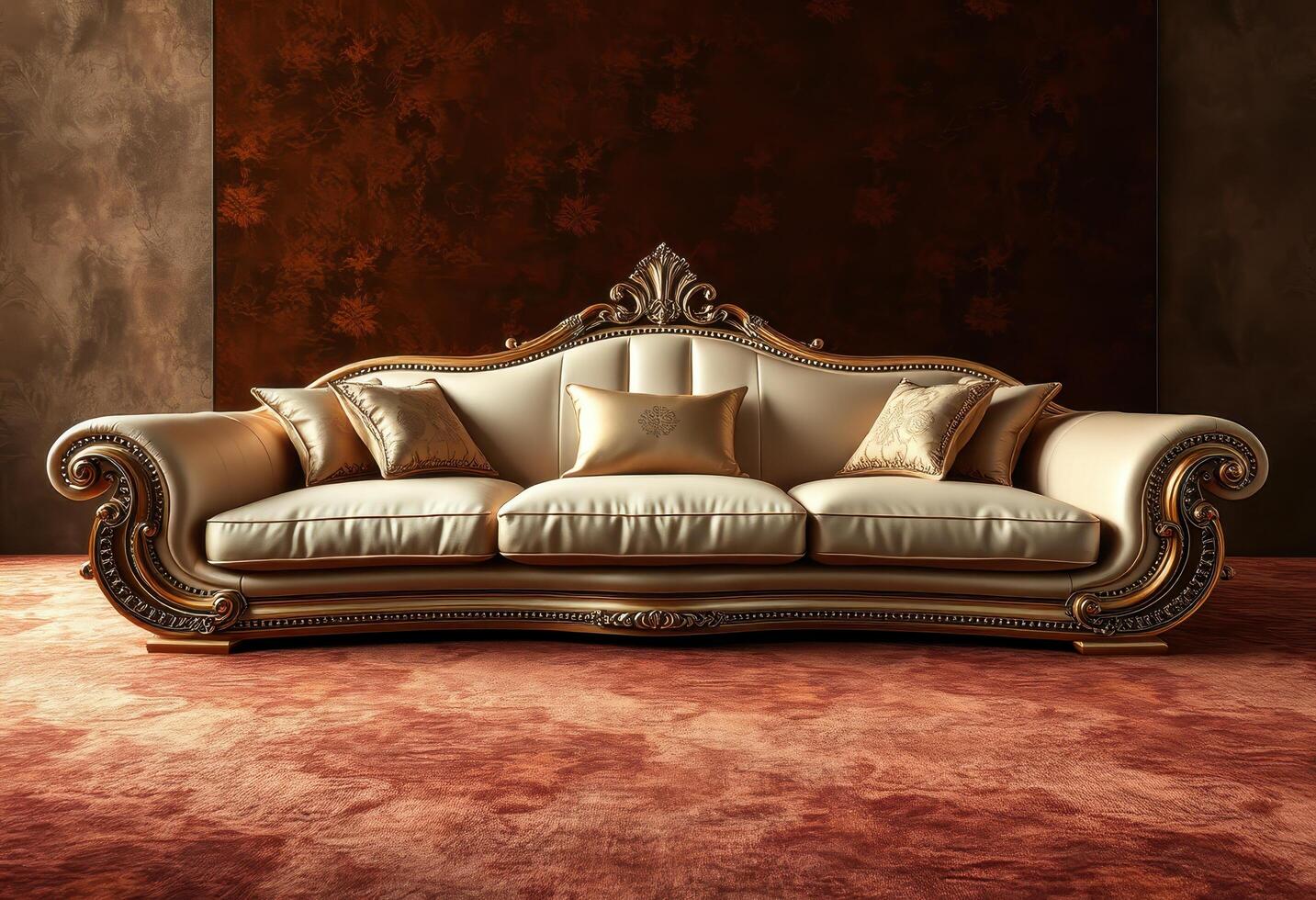 Ornate Gold-Trimmed White Sofa in Front of a Brown Wall photo