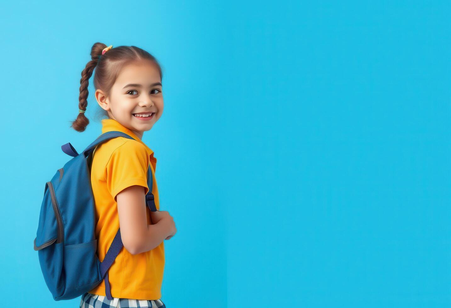 A Young Girl in a Yellow Shirt and Blue Backpack Standing Against a Blue Background photo
