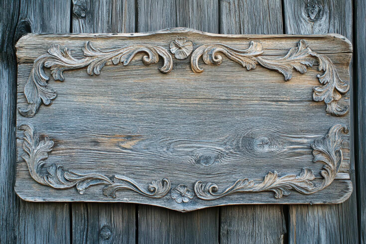 Ornate Carved Wooden Sign on Weathered Wooden Wall photo