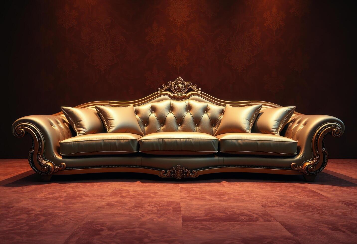Gold and Ornate Sofa with Cushions Against a Red Velvet Background photo