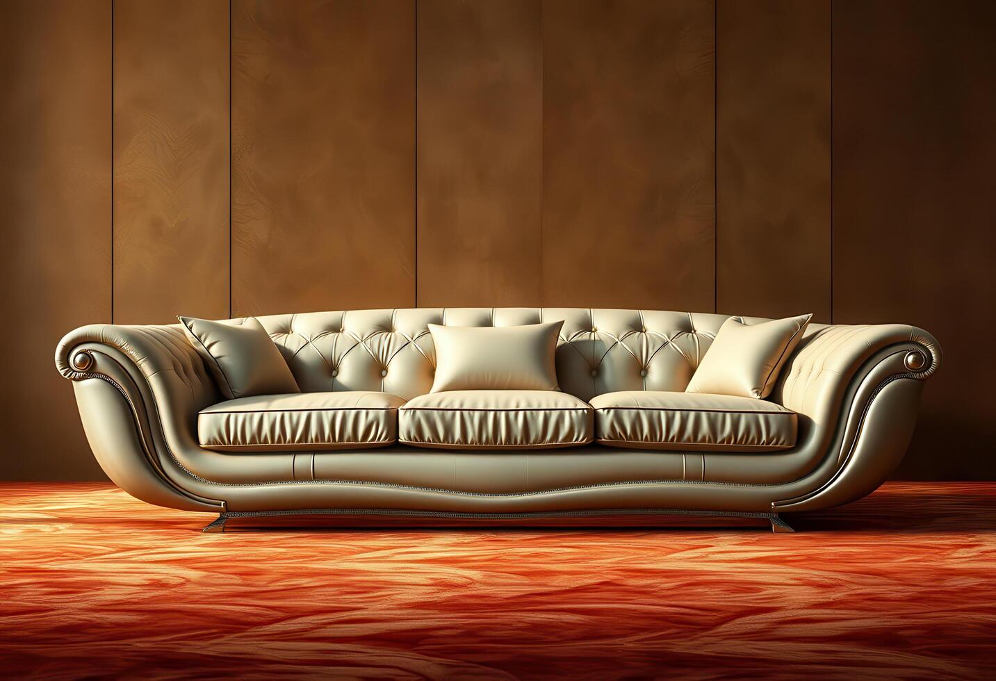 Elegant White Leather Sofa with Pillows on Red Carpet photo