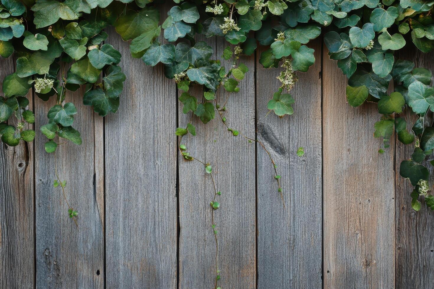 Weathered Wooden Fence with Lush Green Ivy photo