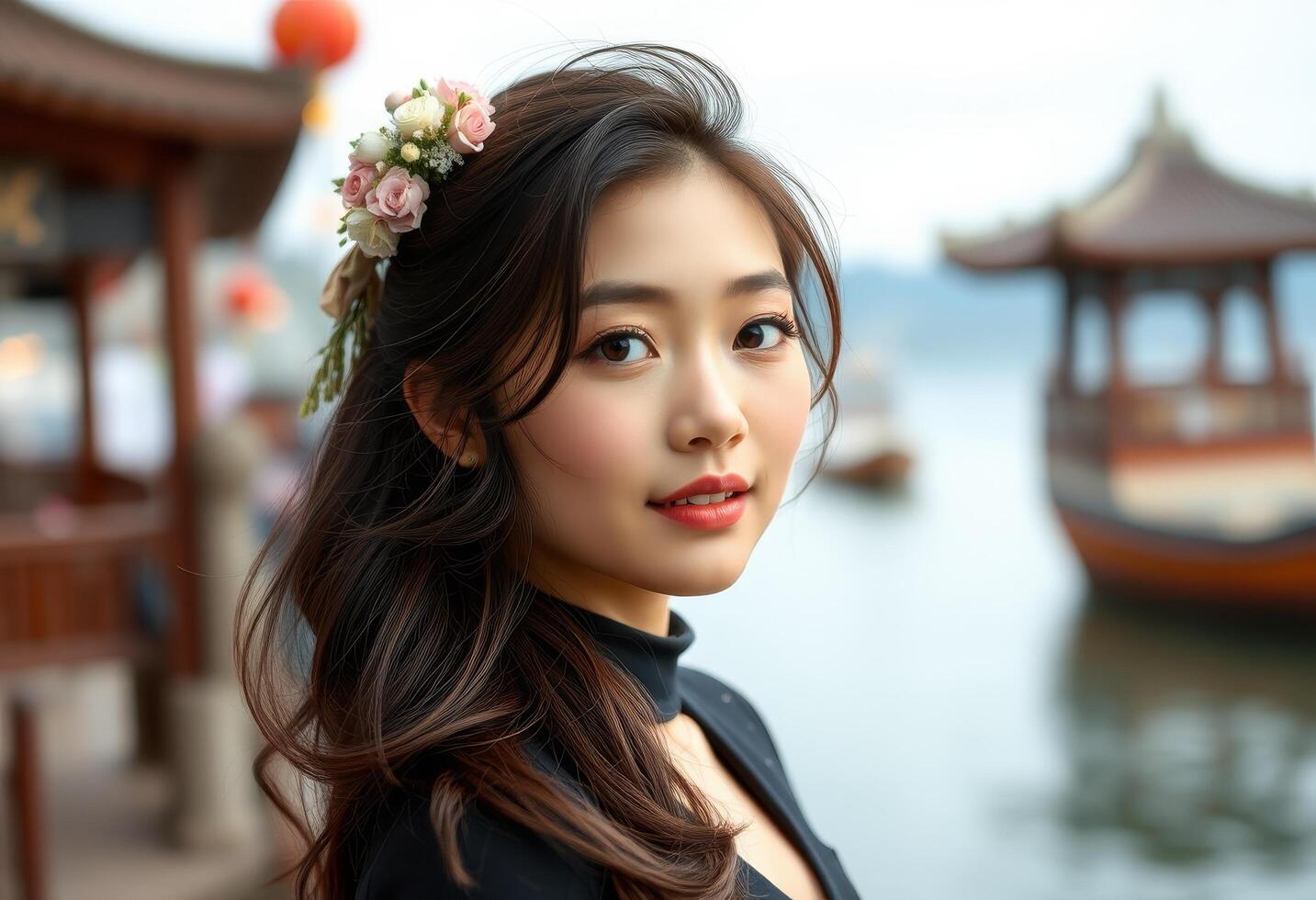 Portrait of a Young Woman with Flowers in Her Hair, Looking Away photo
