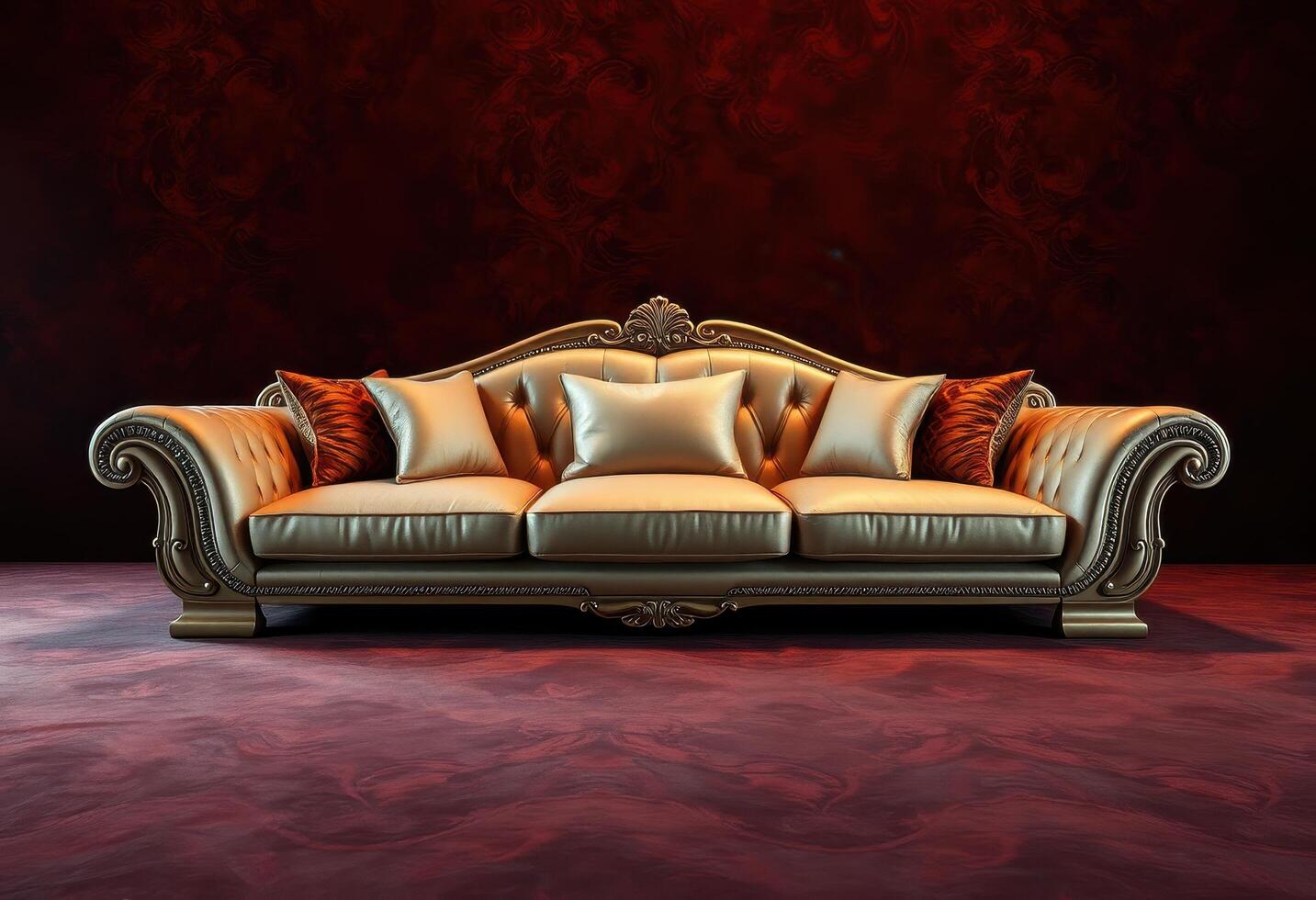 Elegant Gold Couch with Ornate Details Against a Red Background photo