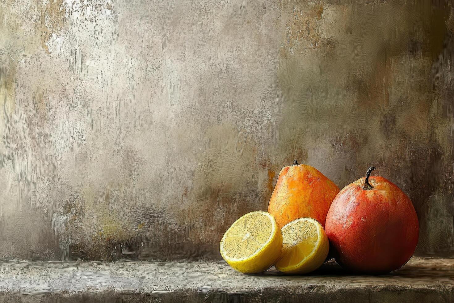 Still Life with Lemons, Pear, and Apple on a Textured Surface photo