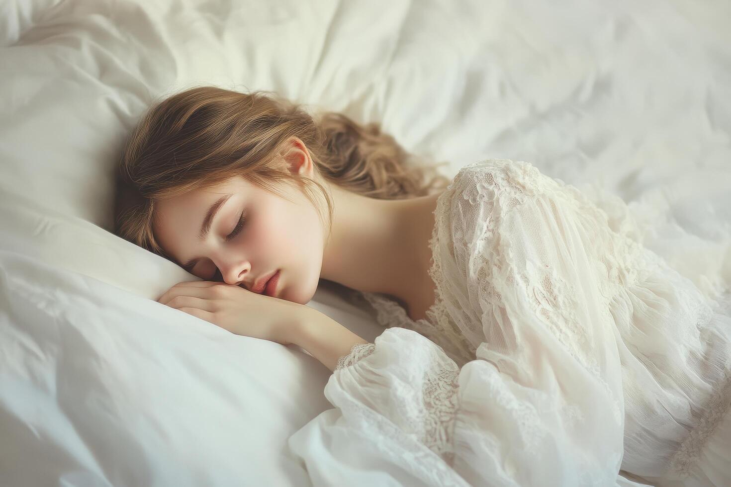 A Woman Sleeping Peacefully in a White Lace Dress on a White Bed photo