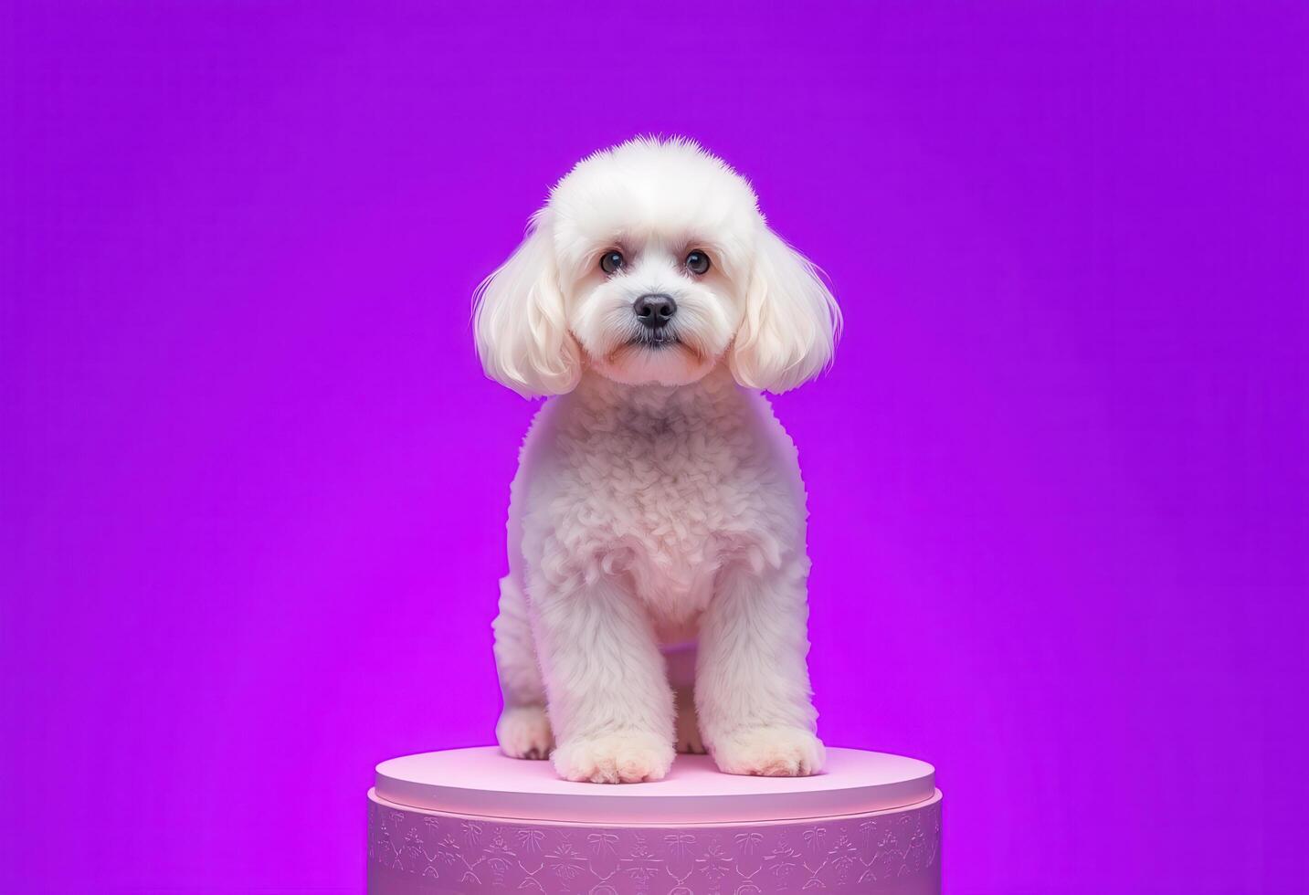 A white dog with fluffy fur standing on a pink platform against a purple backdrop photo