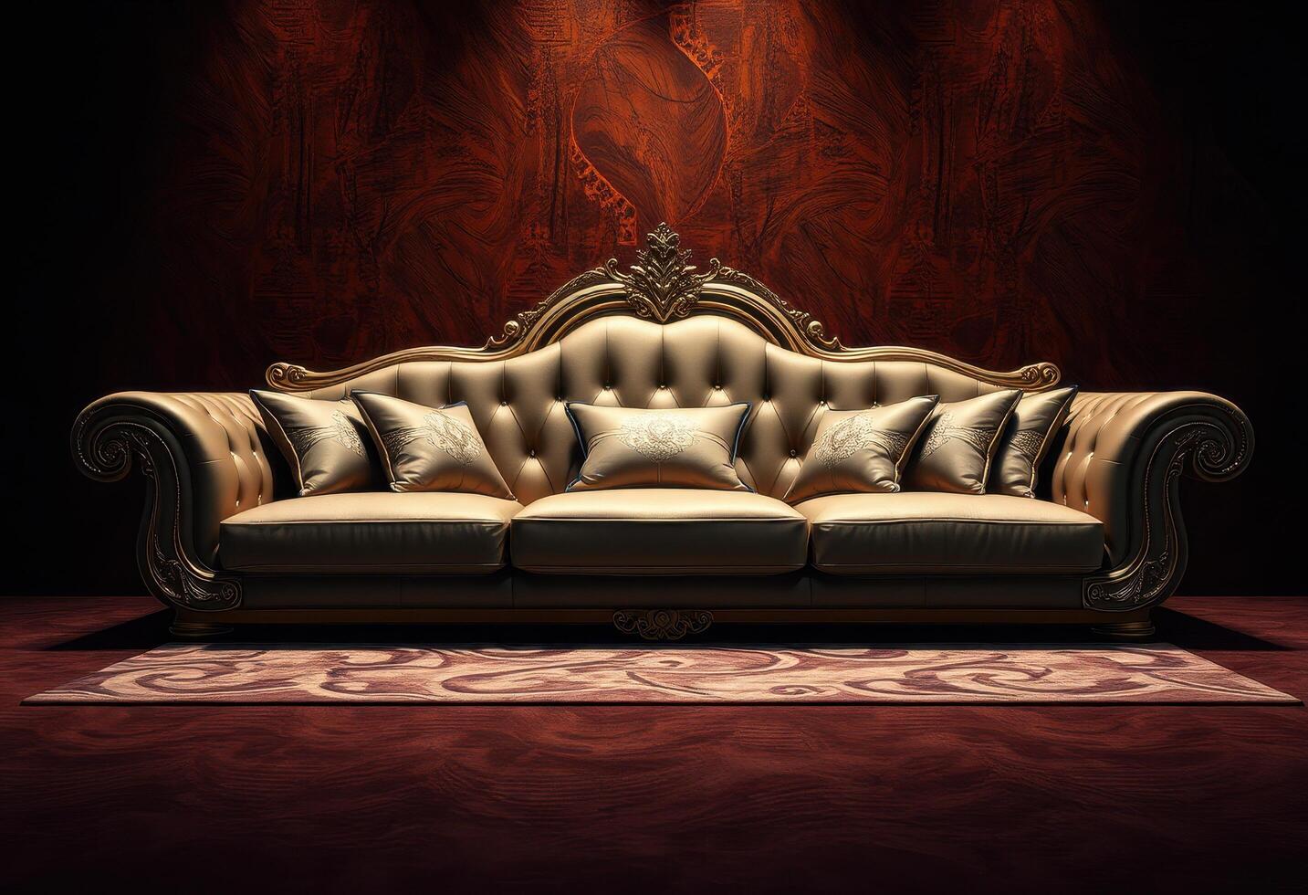 Ornate Golden Sofa with Cushions in Front of a Red Wooden Wall photo